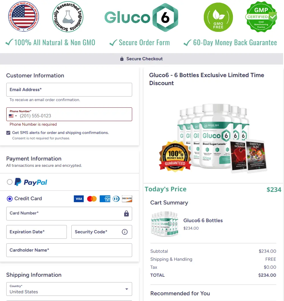 Gluco6 Secure Checkout page